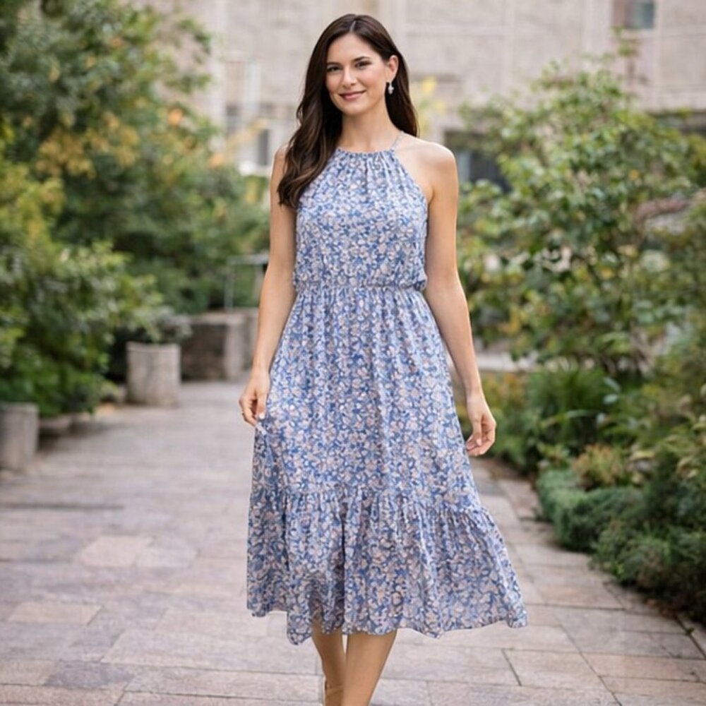 Lush Sky Blue Floral Tiered Ankle Dress | Elastic Waist Sleeveless Halter - S - Picture 3 of 7